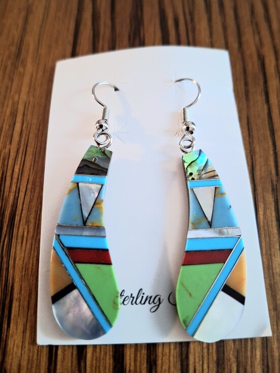Hand Crafted Jewelry - Southwestern Zuni Style Inlay Dangle Earrings Sterling Silver